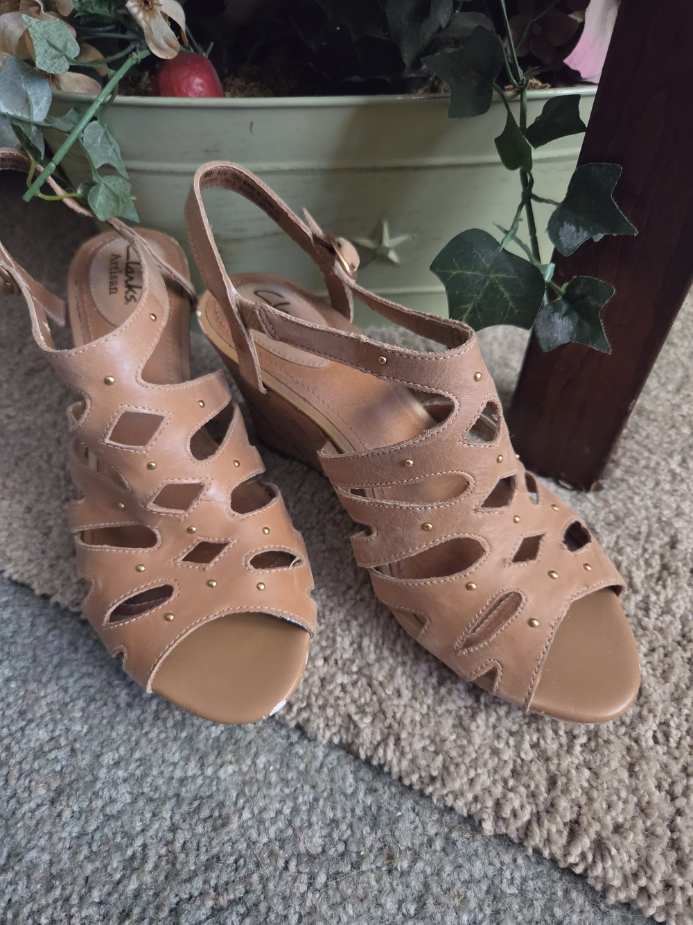 Clarks Women’s Tan Suede Cutout Wedge Sandals